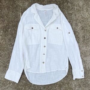 Free People White Linen Gauze Button Down Shirt XS Beach Cover Up Oversized